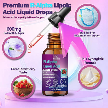 R Alpha Lipoic Acid 600mg Liquid Drops for Neuropathy, Advanced 11-in-1 Stabilized R-ALA Supplement w. Benfotiamine Acetyl L-Carnitine Vitamin C E for Antioxidant Nerve Brain Energy Health Non GMO