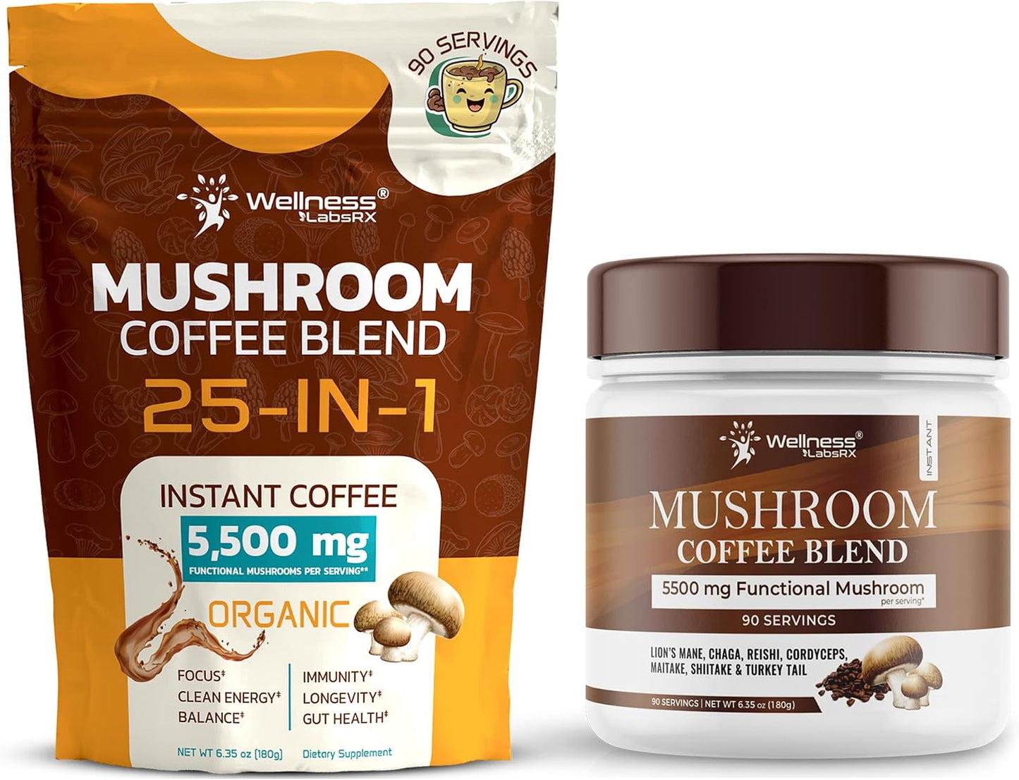 WELLNESS LABSRX Mushroom Coffee 25-in-1 with Instant Mushroom Coffee Blend 5500mg | Bundle