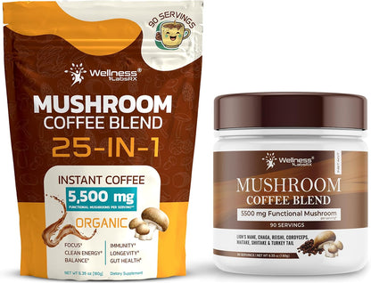 WELLNESS LABSRX Mushroom Coffee 25-in-1 with Instant Mushroom Coffee Blend 5500mg | Bundle