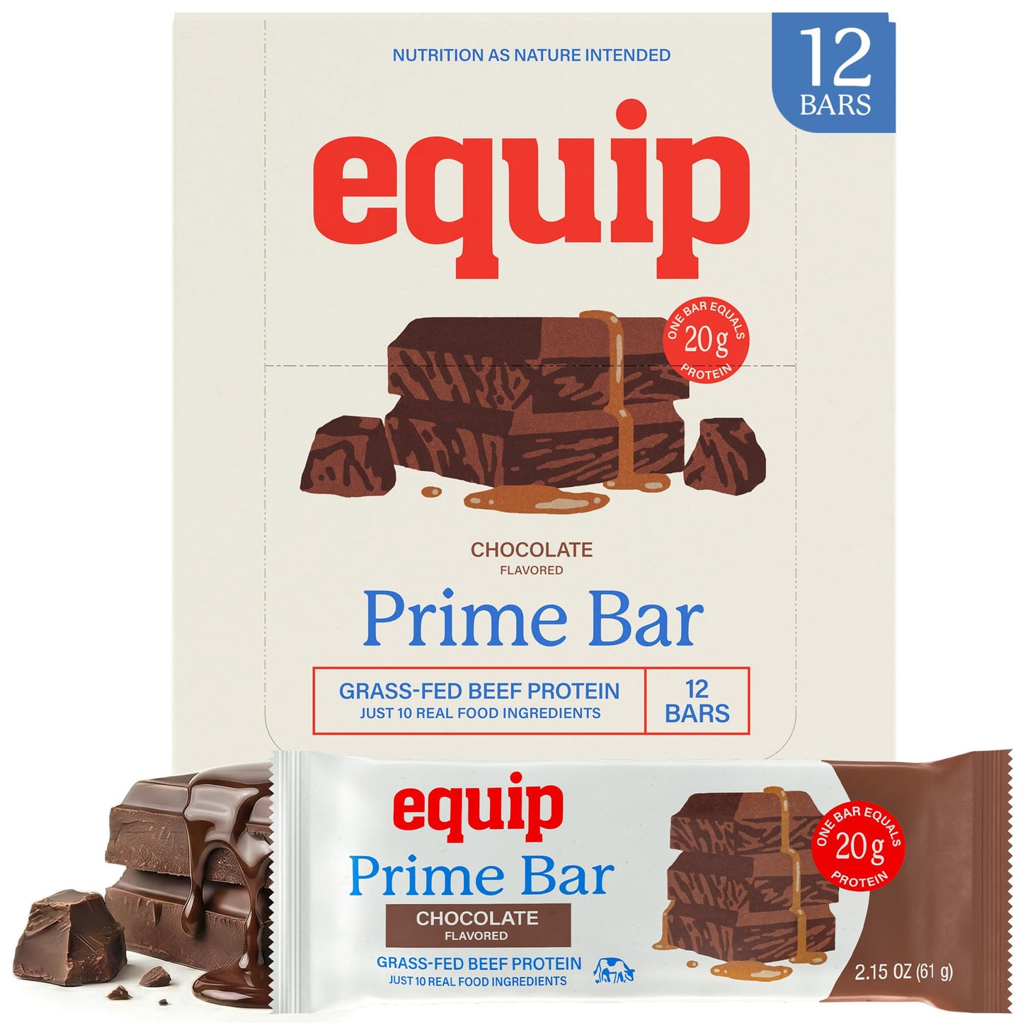 Equip Foods High Protein Prime Bars – Grass Fed Beef Protein, Collagen & Tallow – Gut Friendly, Gluten Free 20g Protein Bars - Only Real-Food Ingredients - Peanut Butter Chocolate, 12 Count