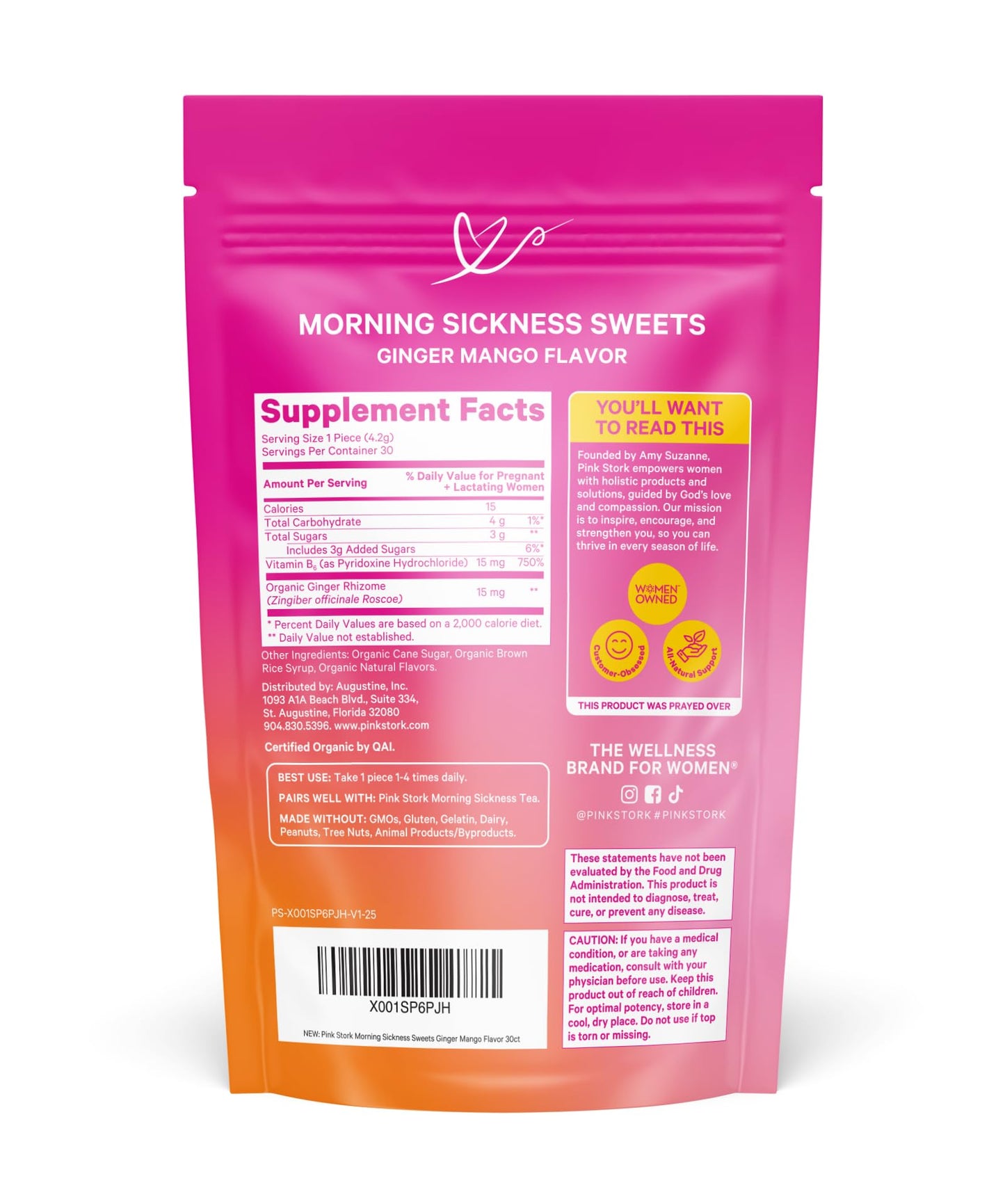 Pink Stork Morning Sickness Sweets Organic Raspberry Ginger, 30 Count | USDA Organic Ginger + Vitamin B6, Motion Sickness Support, Digestive Comfort + Heartburn Support, 30 Wrapped Drops