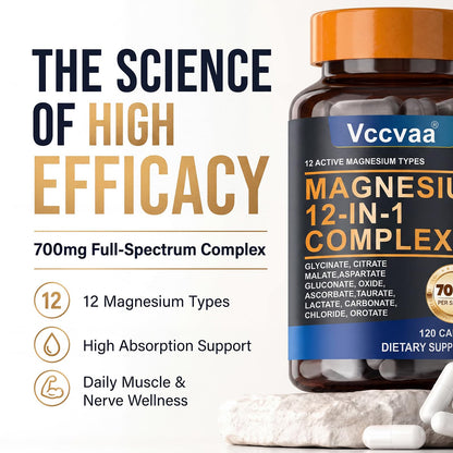 Magnesium Complex 700mg | 12-in-1 High Absorption Supplement | Glycinate, Citrate, Malate, Taurate & More | Sleep Support, Muscle Cramp Relief, Stress, Heart & Nerve Health | 120 Vegan Capsules