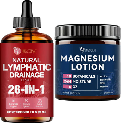 Migcopat Magnesium Lotion with Arnica, MSM & Hyaluronic Acid, Lavender Scent, 6 oz 26-in-1 Liposomal Lymphatic Drainage Drops, Strawberry Flavor, 2 fl oz