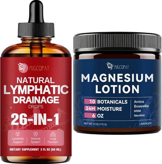 Migcopat Magnesium Lotion with Arnica, MSM & Hyaluronic Acid, Lavender Scent, 6 oz 26-in-1 Liposomal Lymphatic Drainage Drops, Strawberry Flavor, 2 fl oz