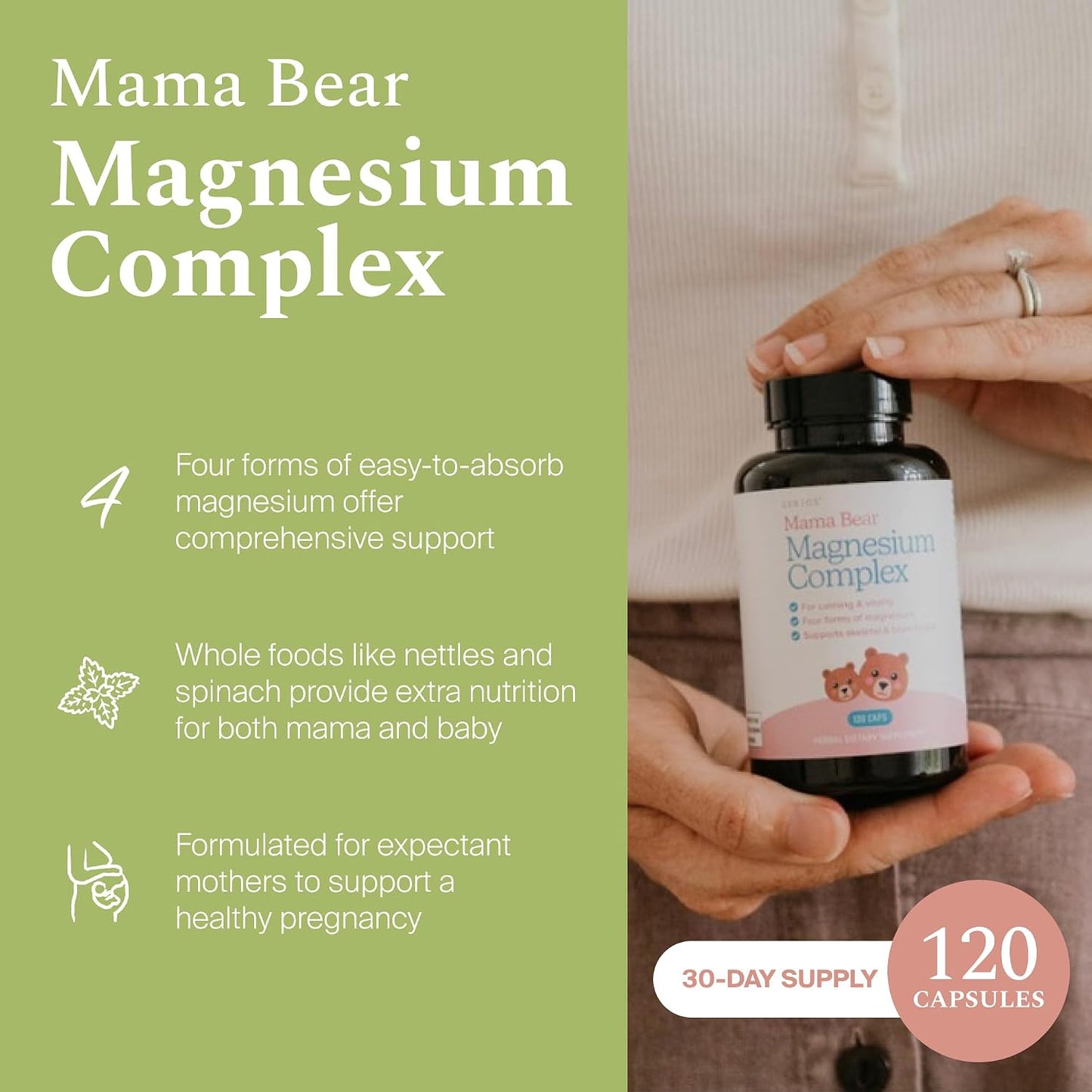 Mama Bear Magnesium Complex Supplement, 120 Capsules | 4 Forms - Glycinate, Citrate, L-Threonate & Elemental, Plus Nettles & Spinach Support Nutrition, Calm & Skeletal & Brain Health