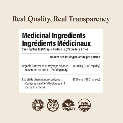 Real Mushrooms Cordyceps Mushroom Powder - Organic Cordyceps Powder Mushroom Energy and Wellness Support - Rich in Beta Glucans - Non-GMO, Vegan Supplement, 60 Servings
