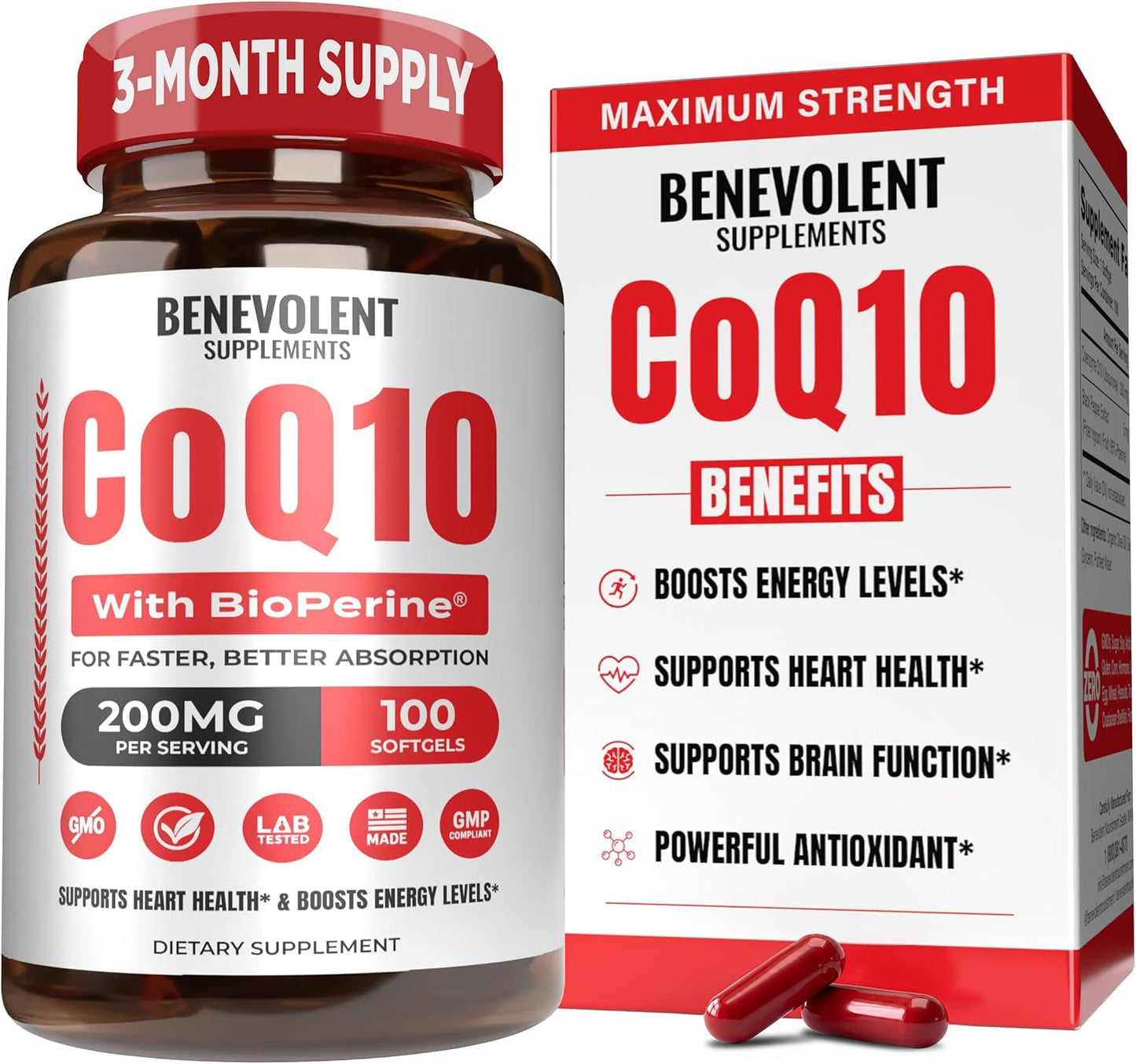 Benevolent Pure CoQ10 200mg Softgels with BioPerine® for Max Absorption, Ubiquinone Coenzyme Q10 Supplement for Heart Health, Energy Production, Healthy Aging & Antioxidant Support, 100 Softgels