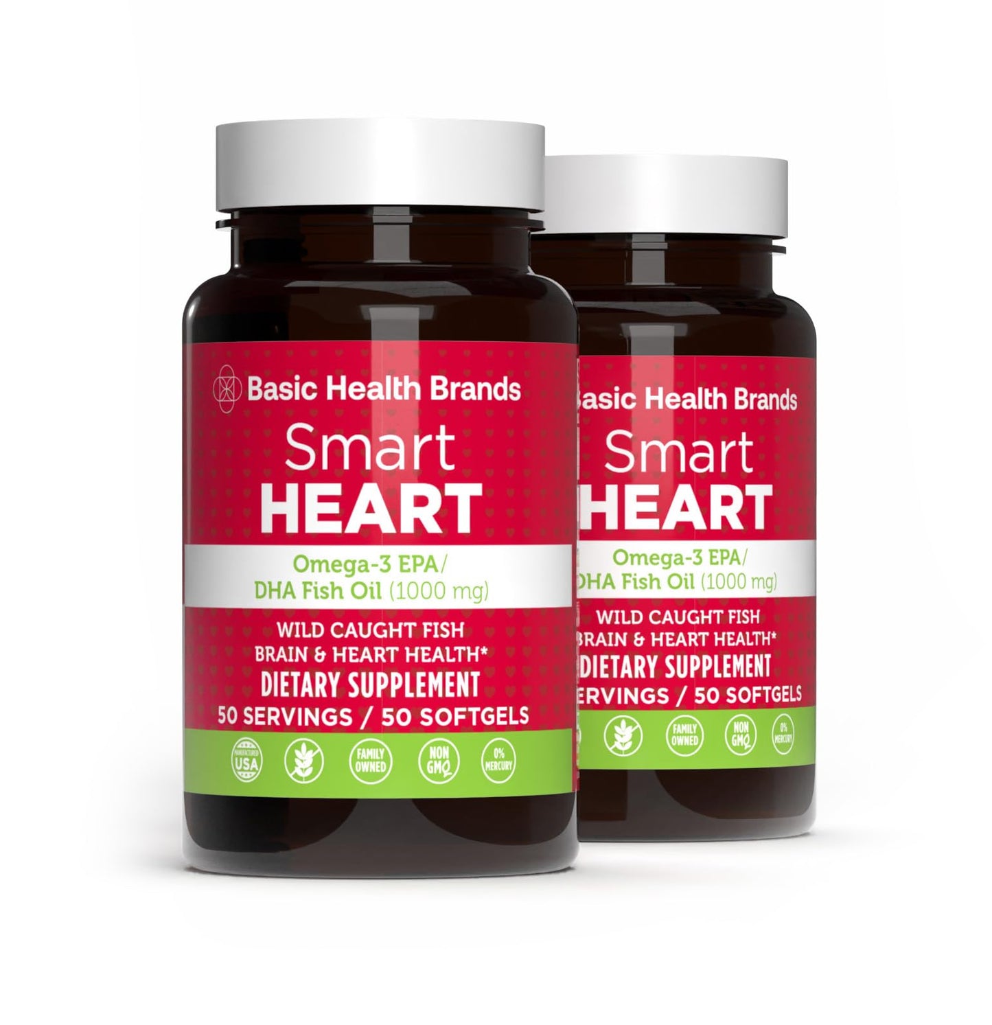 Basic Brands Smart Heart Omega-3 Fish Oil 1000 mg | Heart, Brain & Joint Health, Healthy Triglycerides, Purified Fish Oil, Non-GMO, Gluten-Free, 50 Softgels