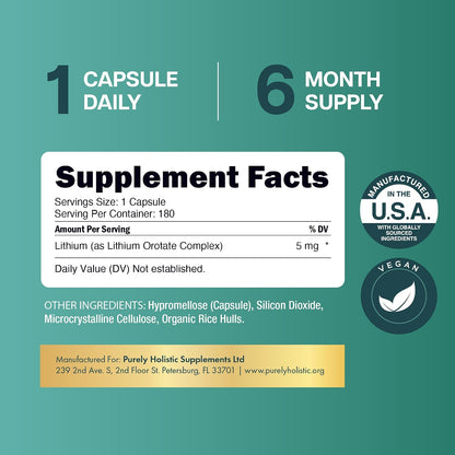 Lithium Orotate 5mg, Mood and Emotional Balance Support, 6 Month Supply | Highly-Bioavailable Chelated Form, Low Dose Lithium Supplements for Cognitive Health & Calm Support, Vegan, 180 Capsules