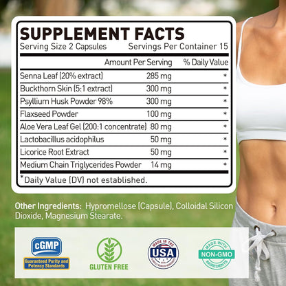 Super Colon Cleanse Detox Supplement with Senna Leaf, Psyllium Husk & Probiotics – Supports Bloating Relief & Gut Health, 30 Capsules (15 Servings)