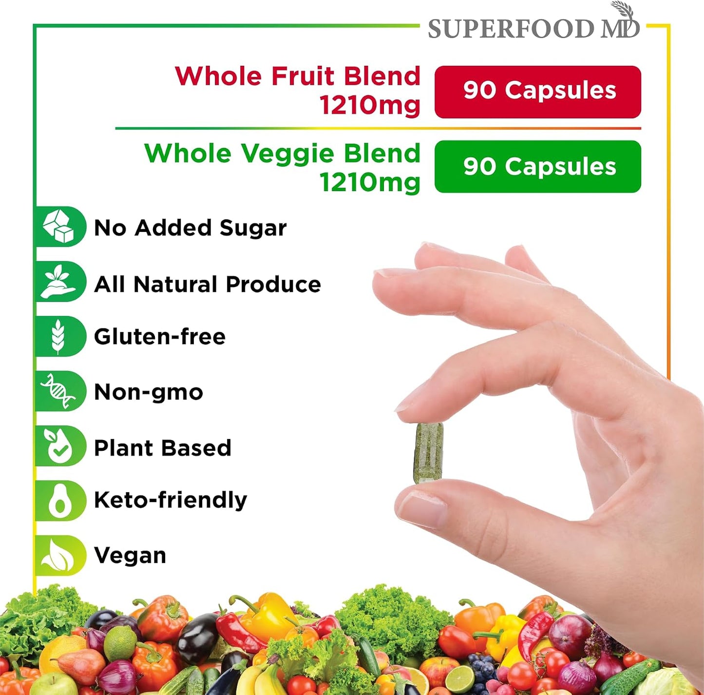 Superfood MD Fruits & Veggies Supplement - Whole Food Natural Superfoods - with Beta Carotene - Soy Free- 90 Count (Pack of 2)