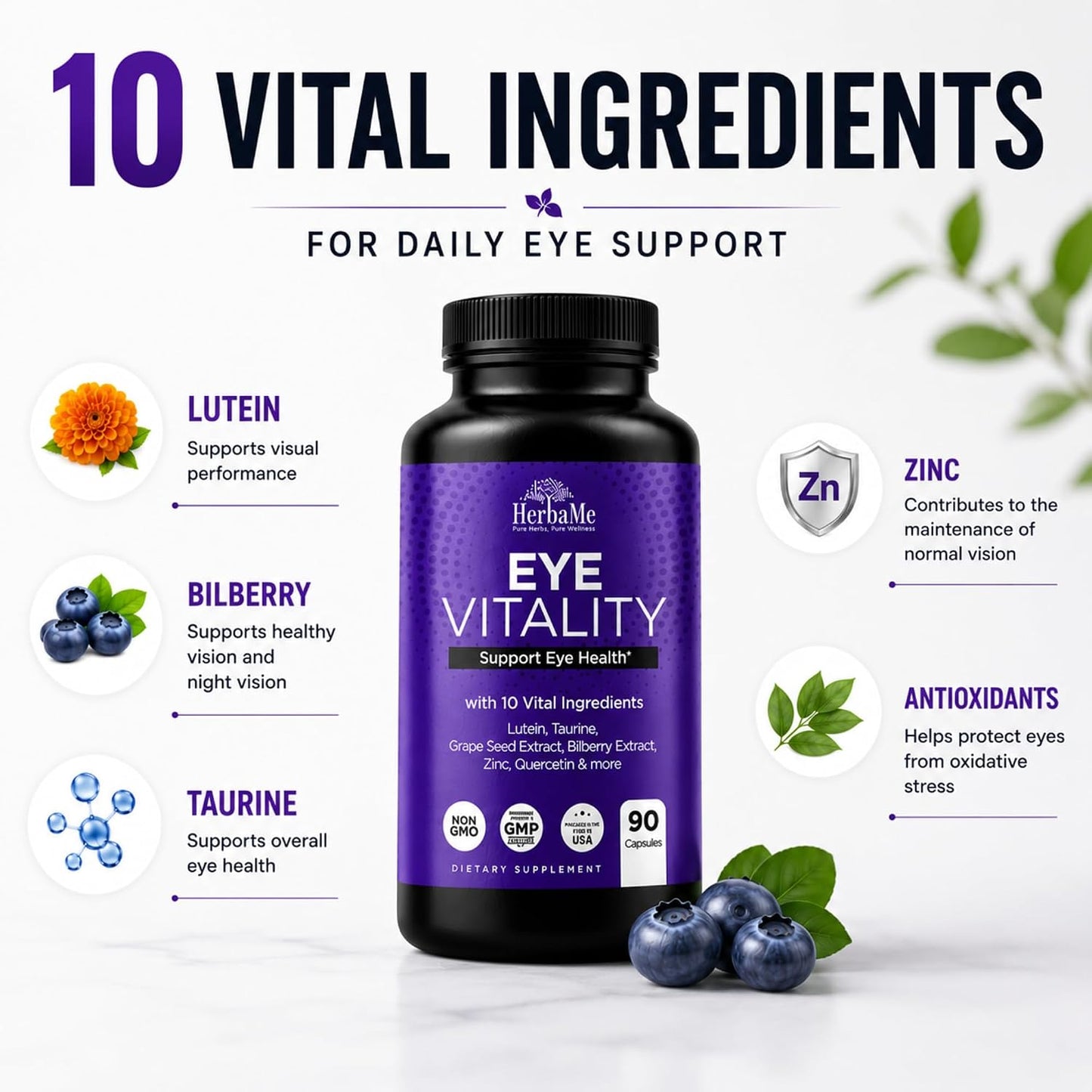 HerbaMe Eye Vitamins Supplement with Lutein, Bilberry, Beta Carotene, L-Taurine, Zinc and Quercetin, 90 Capsules, Supports Vision, Ocular and Macular Health, Helps Eyes Filter Blue Light