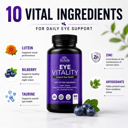 HerbaMe Eye Vitamins Supplement with Lutein, Bilberry, Beta Carotene, L-Taurine, Zinc and Quercetin, 90 Capsules, Supports Vision, Ocular and Macular Health, Helps Eyes Filter Blue Light