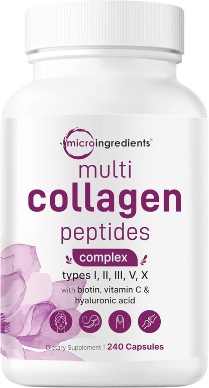 Micro Ingredients 8-in-1 Multi Collagen Capsules & L-Theanine 200mg with Magnesium Glycinate Softgels | Grass-Fed Collagen Peptides | Amino Acid & Mineral Complex Bundle 2 Pack