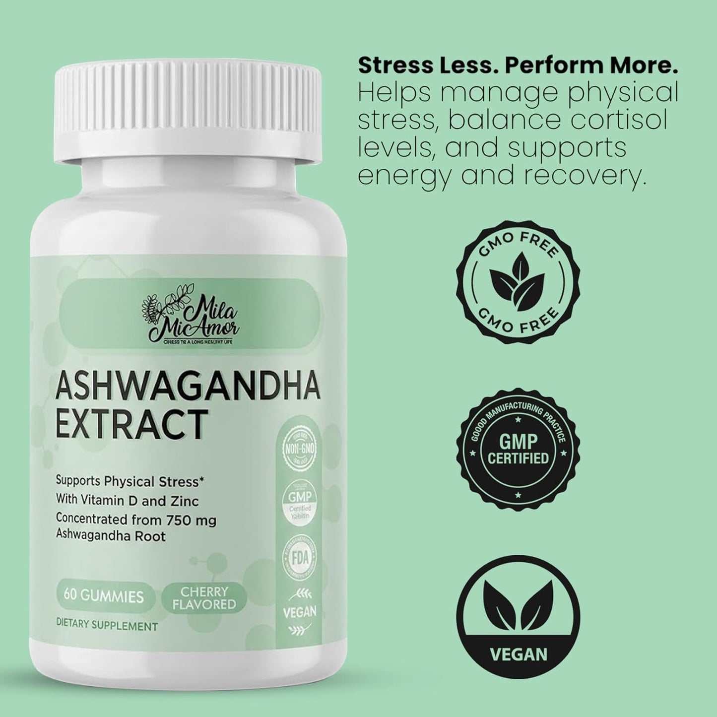 Ashwagandha Gummies 750mg with Vitamin D and Zinc - Daily Wellness Formula - Cherry Flavor, Vegan, Non-GMO - 60 Gummies