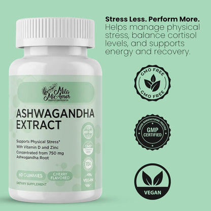 Ashwagandha Gummies 750mg with Vitamin D and Zinc - Daily Wellness Formula - Cherry Flavor, Vegan, Non-GMO - 60 Gummies