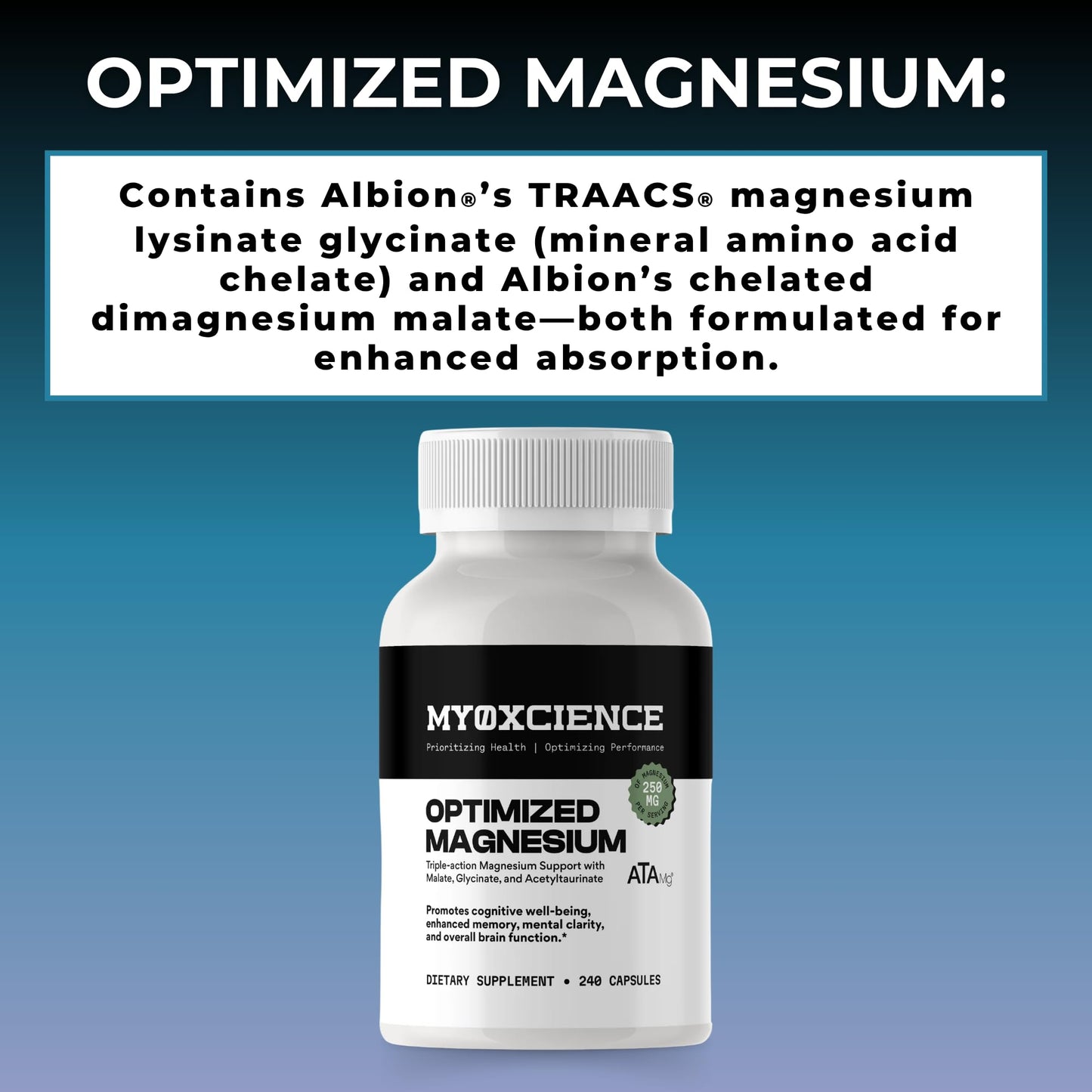 MYOXCIENCE Optimized Magnesium Glycinate + Magnesium Taurate (as ATAmag®) for High Brain Bioavailability to Support Stress Relief and Sleep | 30 Servings