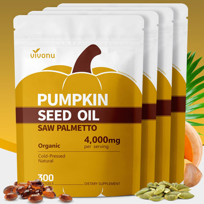 VivoNu Pumpkin Seed Oil with Saw Palmetto Capsules, 4000mg 300 Softgels | Organic, Cold Pressed | DHT Blocker | Supports Hair, Urinary, Bladder & Prostate Health | Non-GMO | Organic, Cold Pressed | DHT Blocker | Supports Hair, Urinary, Bladder & Prostate