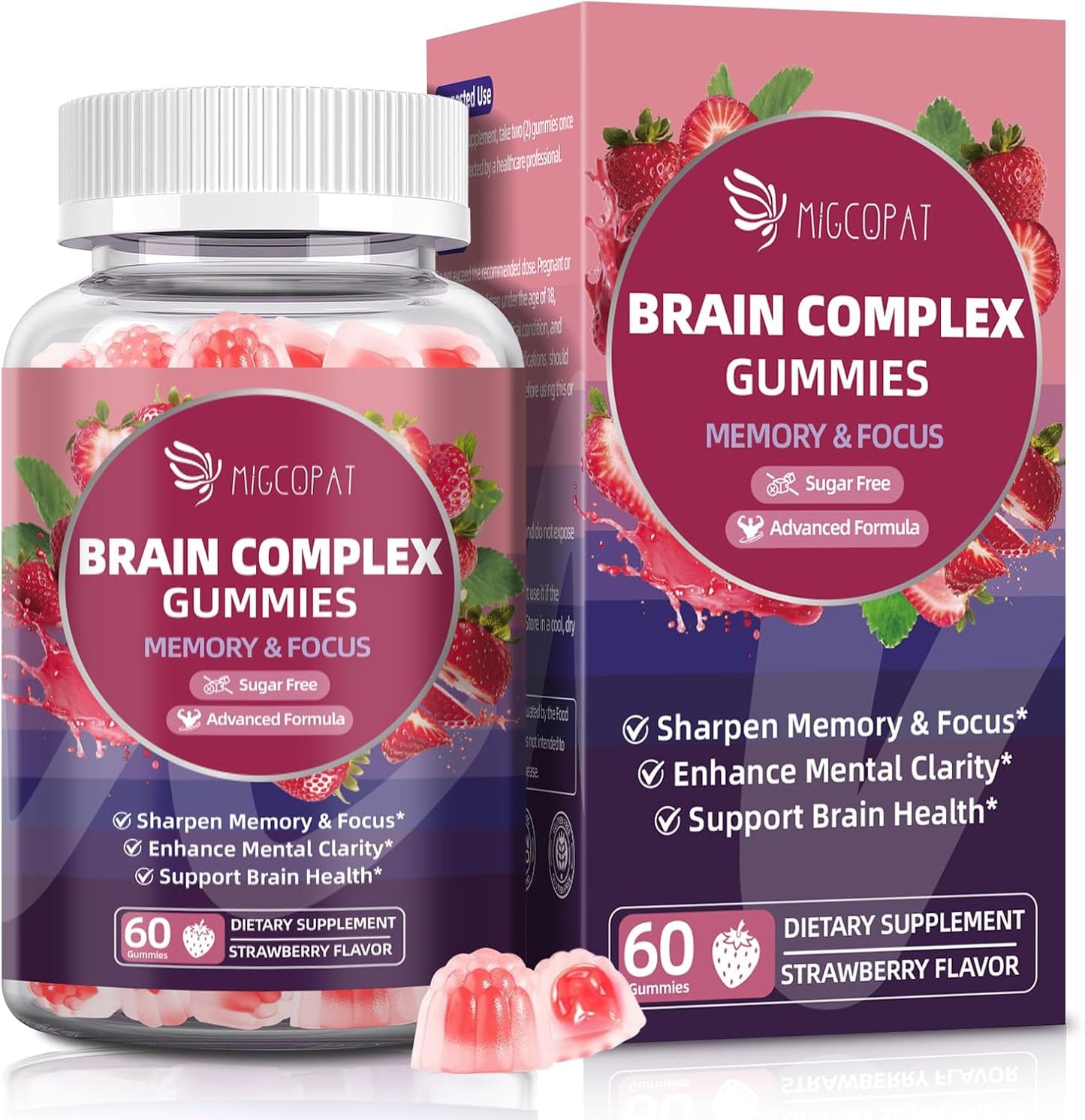 Migcopat Brain Supplements for Memory & Focus – Nootropic Gummies w/Bacopa, Lion’s Mane, Ginkgo & 10-in-1 Mushroom Complex, Mental Clarity & Cognitive Support, Caffeine-Free Strawberry Flavor 60 Cts