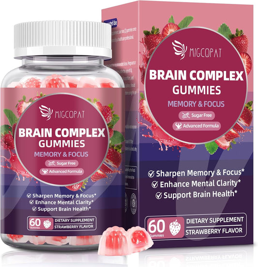 Migcopat Brain Supplements for Memory & Focus – Nootropic Gummies w/Bacopa, Lion’s Mane, Ginkgo & 10-in-1 Mushroom Complex, Mental Clarity & Cognitive Support, Caffeine-Free Strawberry Flavor 60 Cts