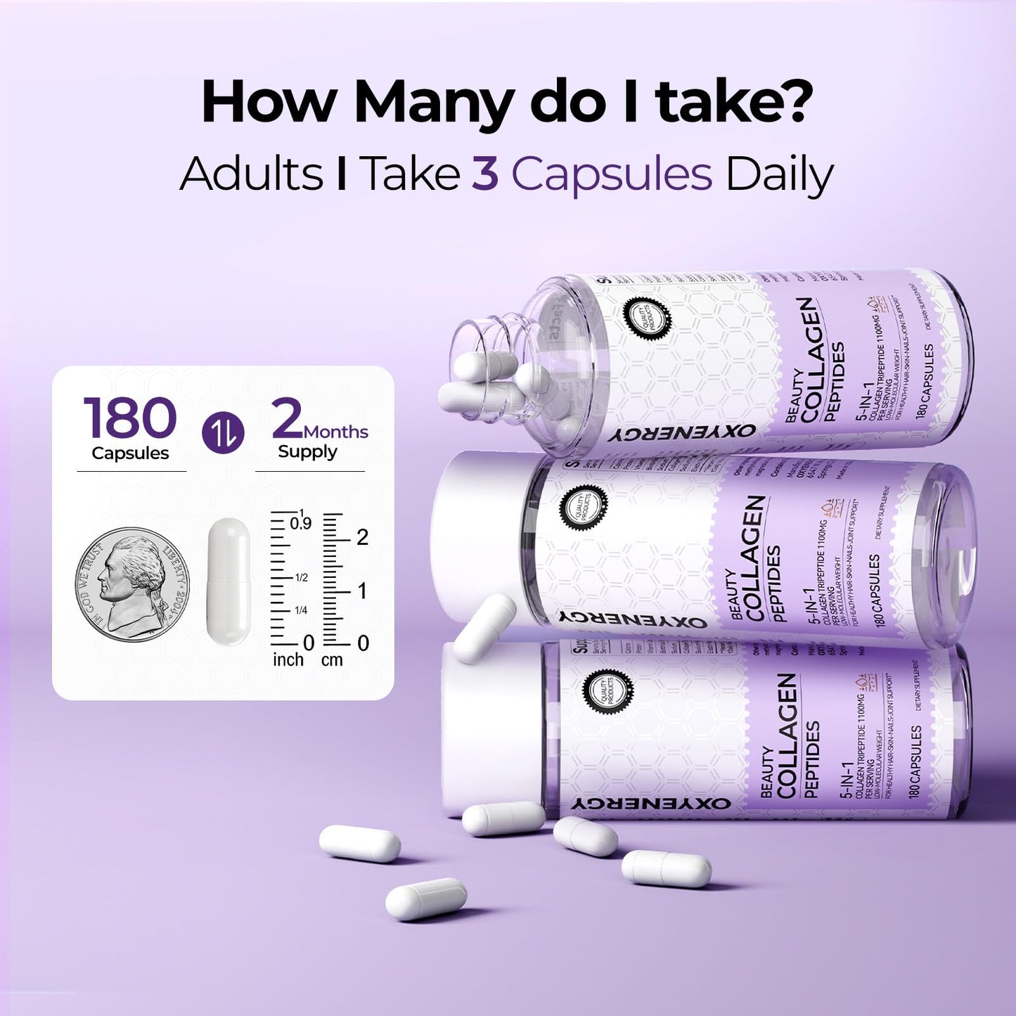 OxyEnergy Collagen Peptides Capsules for Women, Hydrolyzed Collagen Supplements with Elastin Peptides, 60 Collagen Pills to Promotes Hair, Nail, Skin, Capsulas