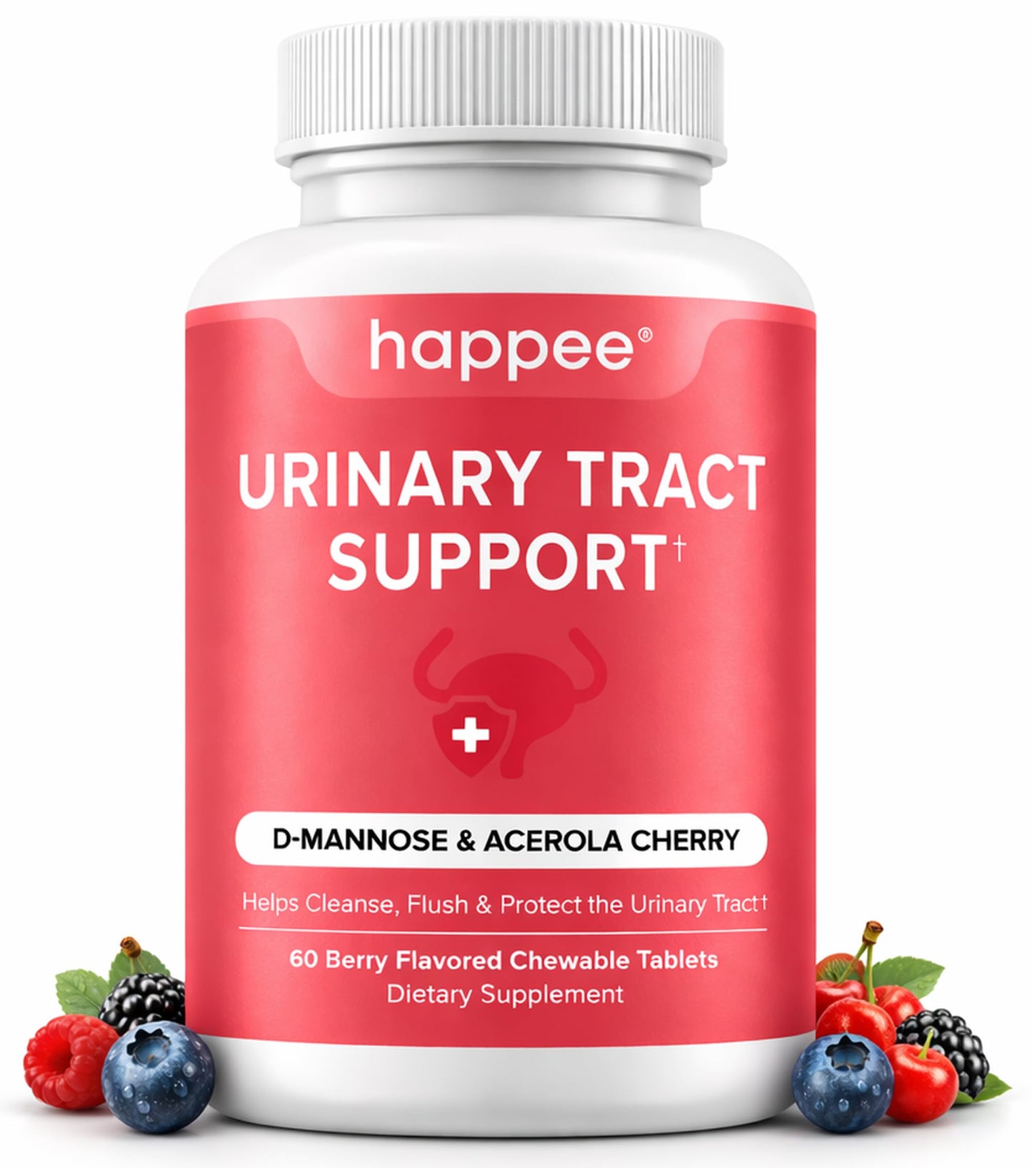 Happee Urinary Tract Health Supplement for Women & Men, Fast-Acting UTI Relief and Prevention, 500mg D-Mannose & Antioxidants, Supports Kidney and Bladder Health, Berry Flavor, 60 Chewables