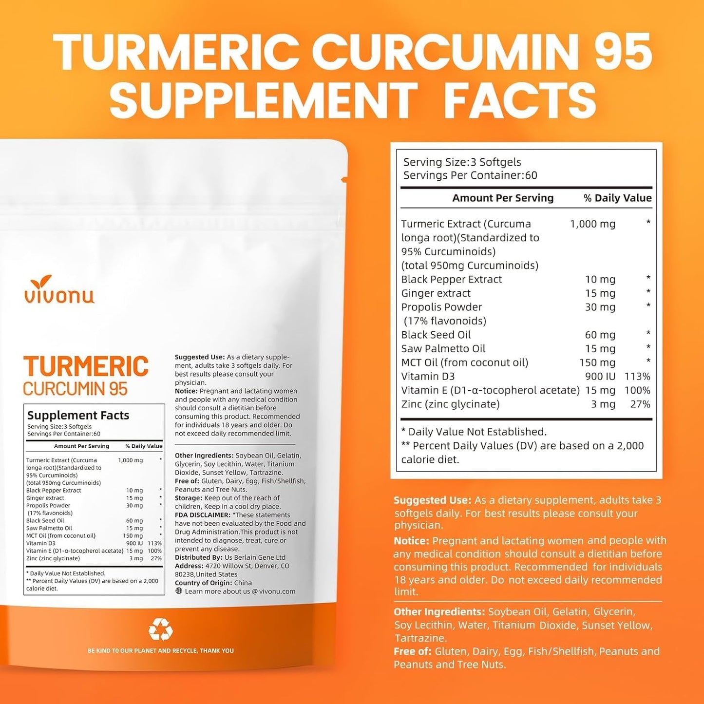 10-in-1 Turmeric Supplement Softgels, 95% Curcumin for 1000mg, Made Mct Oil, 60-Day Supply with Black Pepper, Ginger, Propolis Powder, Black Seed Oil, Saw Palmetto Oil, Zinc, Vitamin D3, E & More