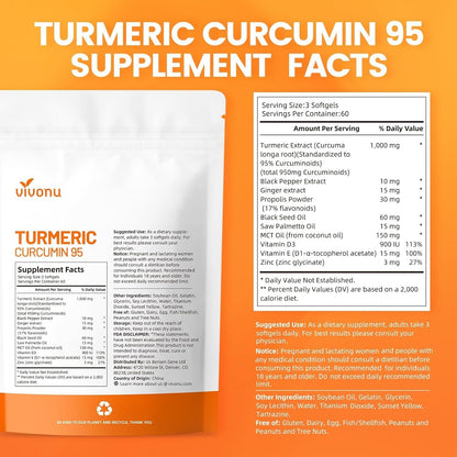 10-in-1 Turmeric Supplement Softgels, 95% Curcumin for 1000mg, Made Mct Oil, 60-Day Supply with Black Pepper, Ginger, Propolis Powder, Black Seed Oil, Saw Palmetto Oil, Zinc, Vitamin D3, E & More