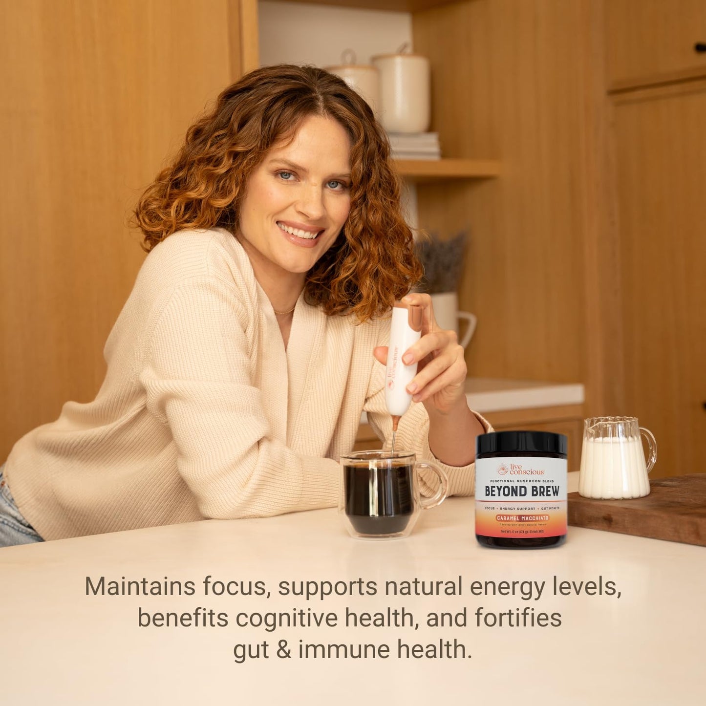 Live Conscious Beyond Brew - Coffee Alternative - Low Caffeine - Mushroom Complex w/Lion’s Mane, Reishi, Cordyceps & Chaga for Sustained Focus, Energy & Immunity - w/Prebiotics & Probiotics - 30