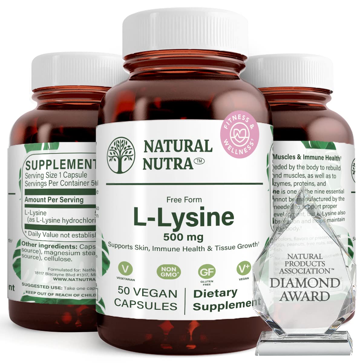 Natural Nutra L Lysine HCl Supplement, Vegan, 500 mg, 250 Capsules | Promotes Bone Health & Growth, Supports Skin Health, Improves Vitamin C Absorption, Improves Calcium Absorption, Non-GMO