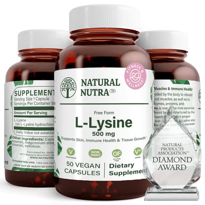 Natural Nutra L Lysine HCl Supplement, Vegan, 500 mg, 250 Capsules | Promotes Bone Health & Growth, Supports Skin Health, Improves Vitamin C Absorption, Improves Calcium Absorption, Non-GMO