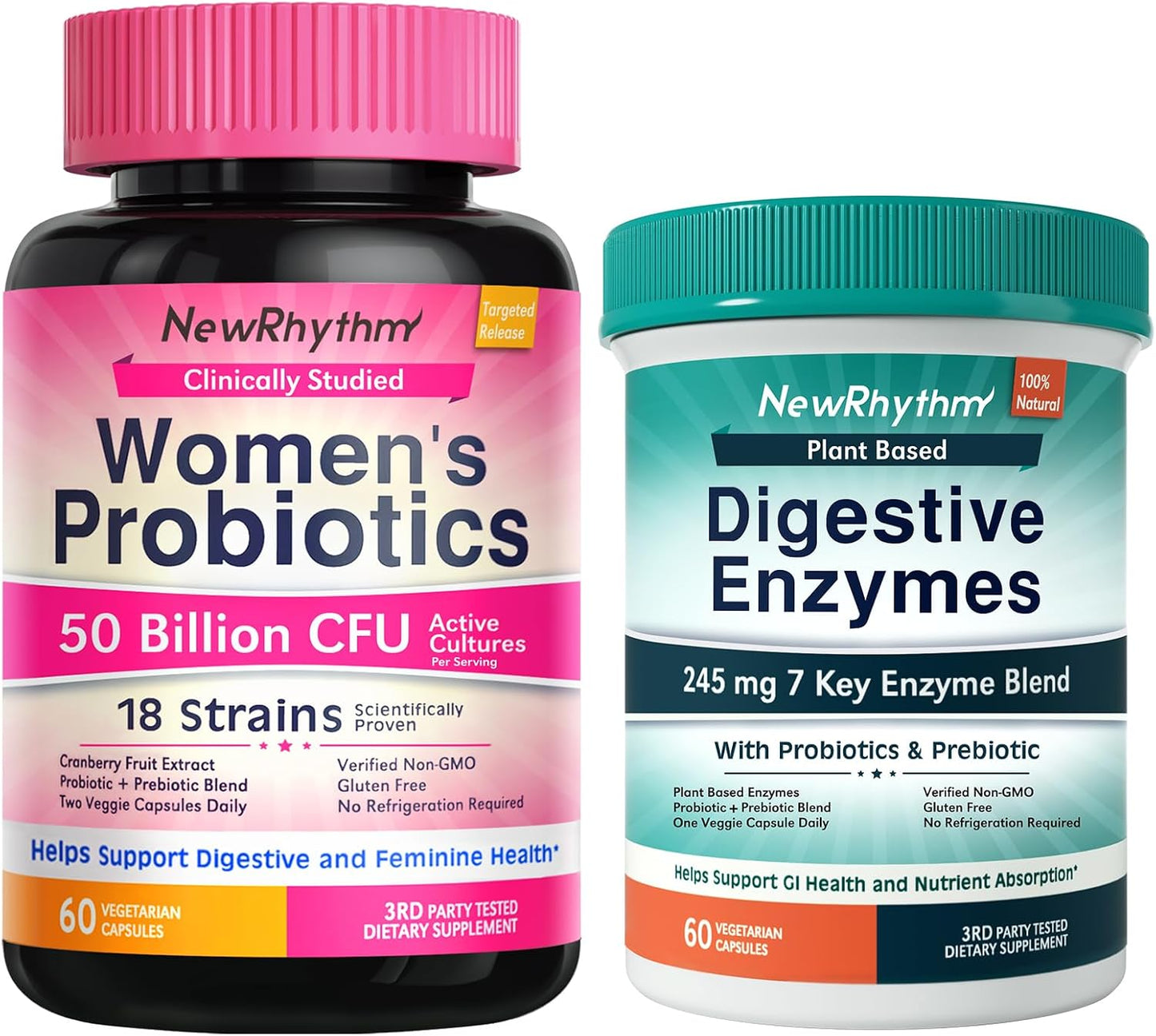 NewRhythm Women's Probiotics 50 Billion + Digestive Enzymes 245 mg Bundle, Gut Harmony Boost & Feminine Wellness, 120 Capsules Total (Pack of 2)