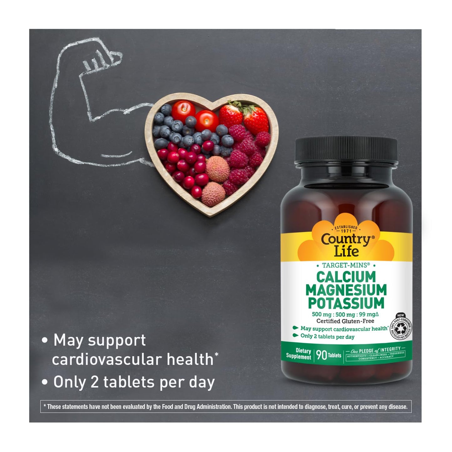 Country Life Target Mins - Calcium Magnesium Potassium Bone & Heart Health Supplement, 1000mg Calcium, 500mg Magnesium, Supports Calcium Utilization, 180 Tablets – Certified Gluten Free & Vegan