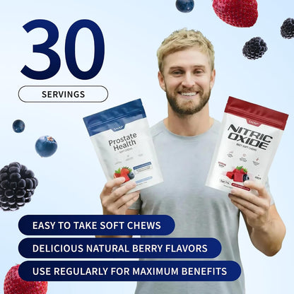 Snap Supplements Prostate Health + Nitric Oxide Bundle, 60 Soft Chews Each | Plant Sterols, Stinging Nettle Root & Reishi Mushroom + Beet Root Natural Chews, Pomegranate-Berry + Mixed Berry Flavors