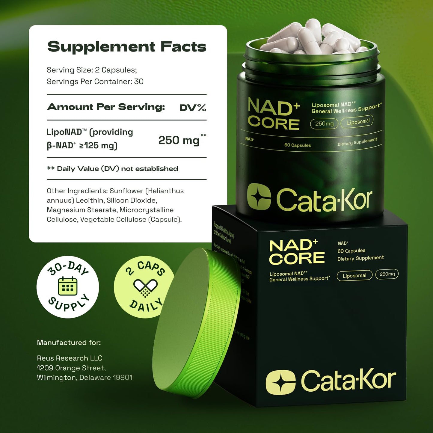 Cata-Kor NMN Supplement Alternative – Liposomal NAD+ Supplement - NAD CORE 30-Day Supply 60 Capsules