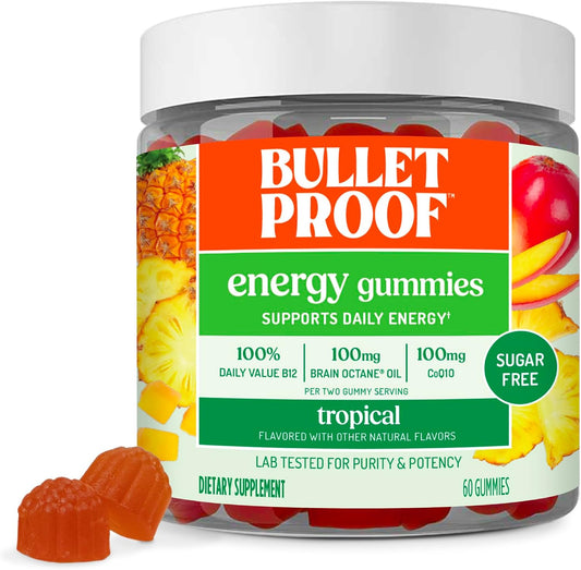 Bulletproof Sugar-Free Tropical Energy Gummies, 60 Count, Supplement for Daily & Sustained Energy with 100mg CoQ10, Daily Value of B12, 100mg Brain Octane Oil