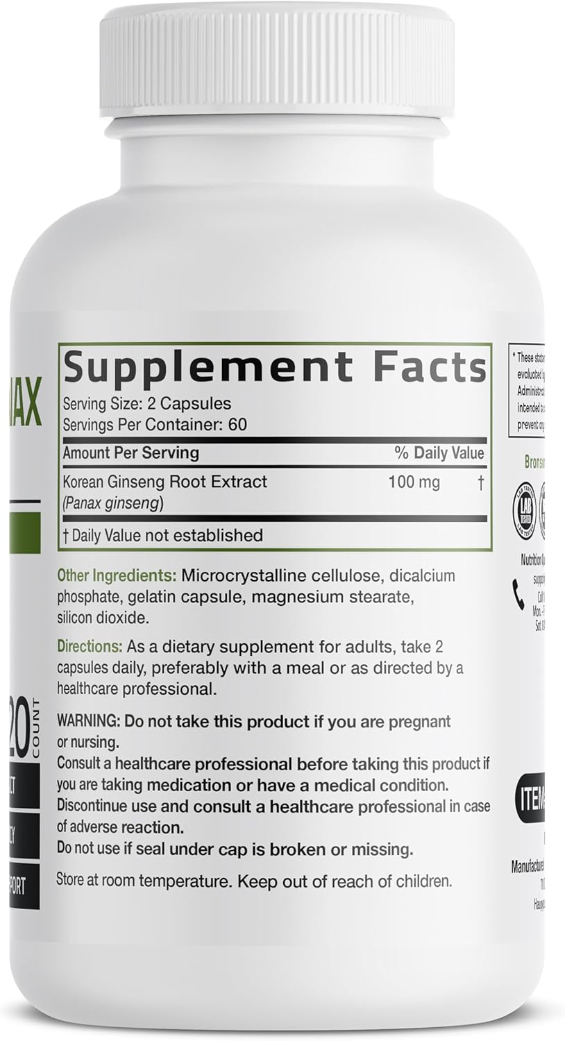 Bronson Korean Panax Ginseng Supports Energy, Endurance & Vitality + Memory and Mental Performance, 120 Capsules