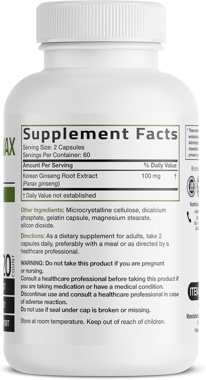 Bronson Korean Panax Ginseng Supports Energy, Endurance & Vitality + Memory and Mental Performance, 120 Capsules