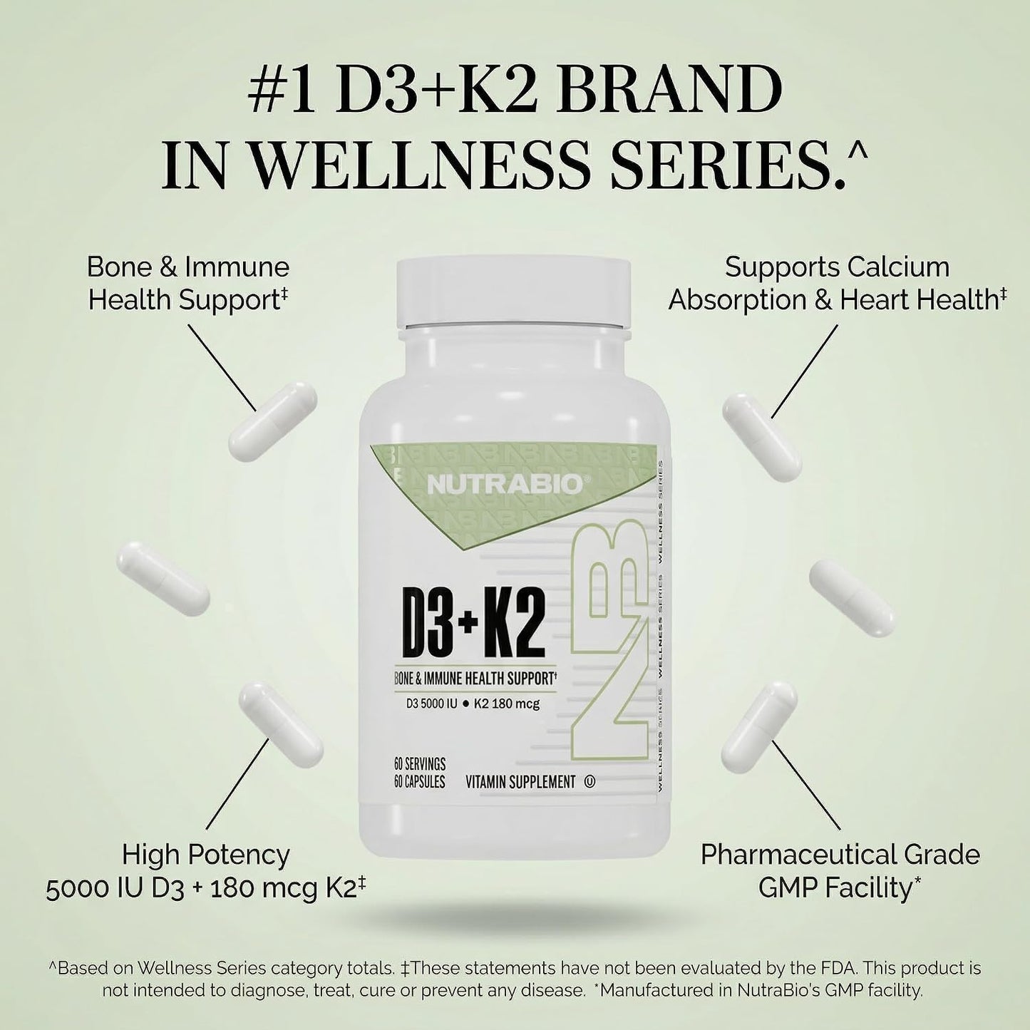 NutraBio Vitamin D3 K2 | 5000 IU D3 as Cholecalciferol with Vitamin K2 as MENA-Q MK7 (180mcg) | Support Bone and Heart Health | Non-GMO, Gluten Free, Lactose Free | 60 Vegetable Capsules