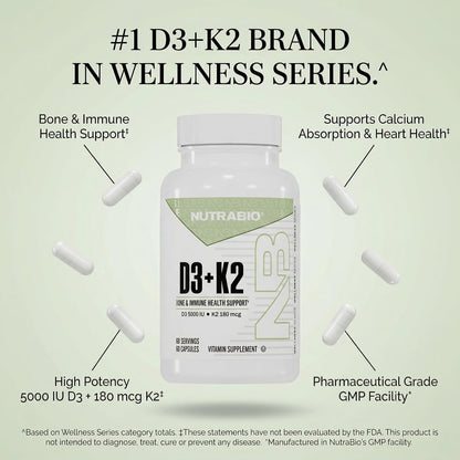 NutraBio Vitamin D3 K2 | 5000 IU D3 as Cholecalciferol with Vitamin K2 as MENA-Q MK7 (180mcg) | Support Bone and Heart Health | Non-GMO, Gluten Free, Lactose Free | 60 Vegetable Capsules