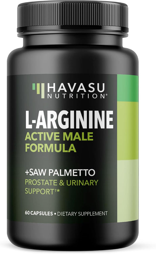 L-Arginine with Saw Palmetto for Men Capsules, Vegan, Non-GMO, 30 Servings | Vegan, Non-GMO Nitric Oxide and Prostate Health Supplements for Men, Endurance and Urinary Tract Function Support