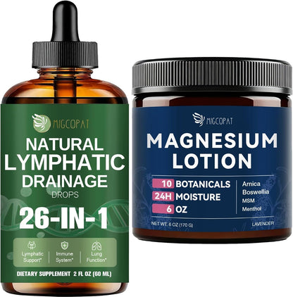 Migcopat Magnesium Lotion with Arnica, MSM & Hyaluronic Acid, Lavender Scent, 6 oz 26-in-1 Liposomal Lymphatic Drainage Drops with Turmeric, Echinacea & Vitamins, 2 fl oz