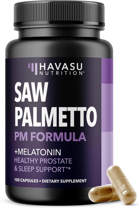 Saw Palmetto PM for Men w/ Melatonin, Night Time Bladder Support, 100 Count | Vegan, Non-GMO Saw Palmetto Extract & Melatonin to Reduce Urinary Frequency, Prostate Health Supplement, 100 Servings
