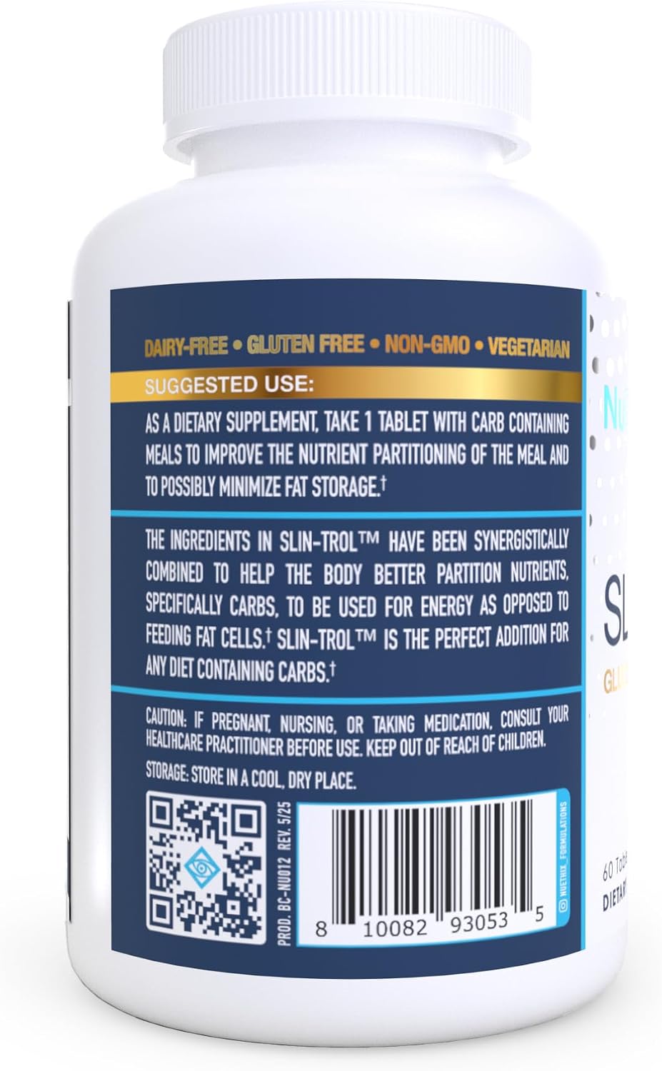 NuEthix Formulations SLIN-Trol, Glucose Disposal Agent Pills for Men & Women, Nutrient Partitioning Supplement with Chromium Polynicotinate, & Glycine, Effective Carb Absorption, Non-GMO, 60 Servings