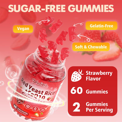 Red Yeast Rice Gummies 1200mg with CoQ10 100mg, Red Yeast Rice Supplement | Supports Cellular Energy Production and Natural Antioxidant Defense, Vegan, Gluten-Free, Strawberry Flavor, 60 Count