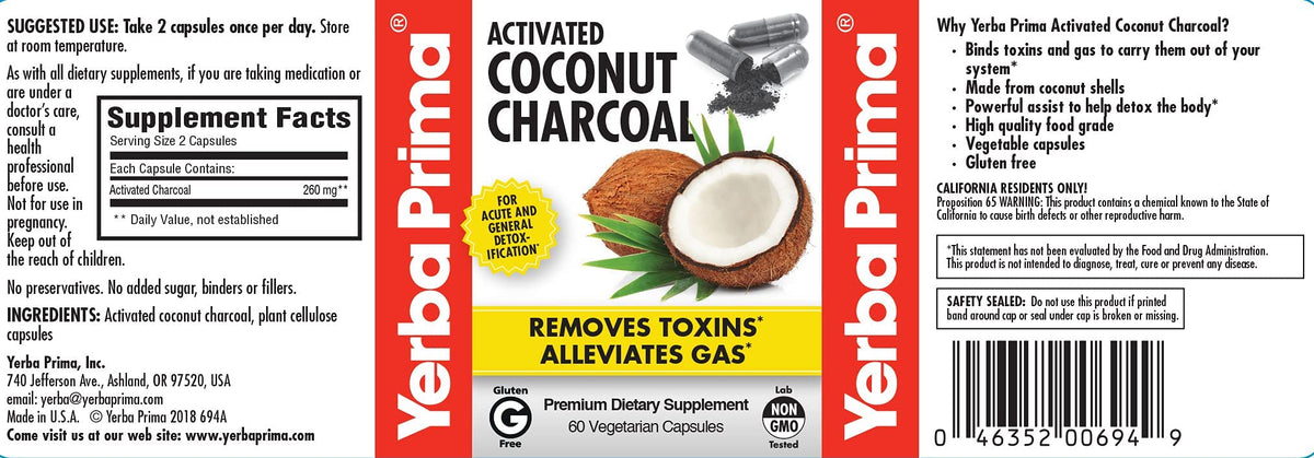 Yerba Prima Activated Coconut Charcoal, 60 Capsules - Natural Detox - Vegetarian, Vegan, Gluten Free, Non GMO