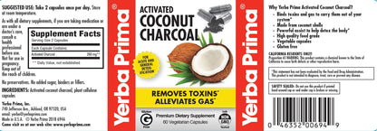 Yerba Prima Activated Coconut Charcoal, 60 Capsules - Natural Detox - Vegetarian, Vegan, Gluten Free, Non GMO