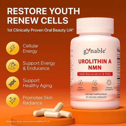 Gynable 4-in-1 Urolithin A Supplement with NMN, Trans-Resveratrol & PQQ-Advanced Cellular Energy & Muscle Strength Complex - Supports Longevity, Deep Sleep & Healthy Aging (30Count(Pack of 1))