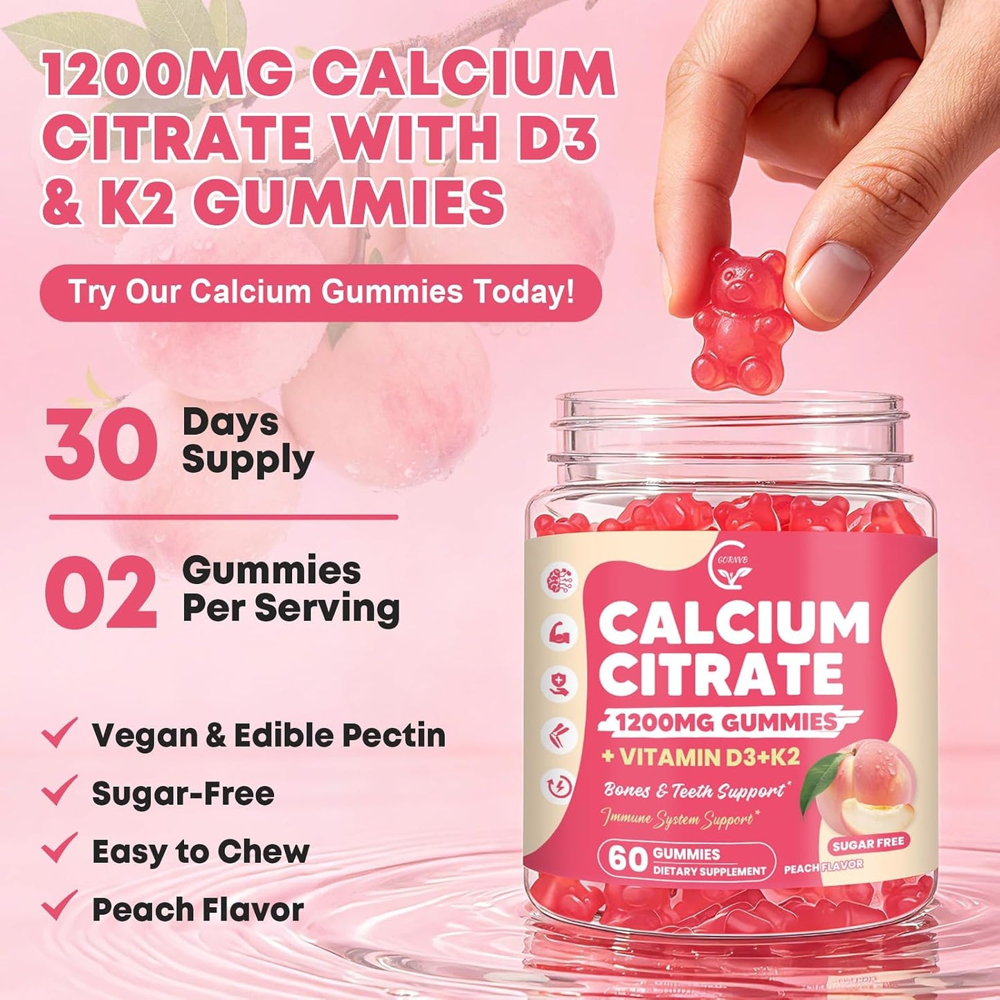 Calcium Citrate Gummies 1200 mg with Vitamin D3, K2 for Bone, Muscle & Immune Support, High Absorption Chewable Calcium Supplements for Women & Men, Sugar Free, Vegan, Peach Flavor, 60 Chews