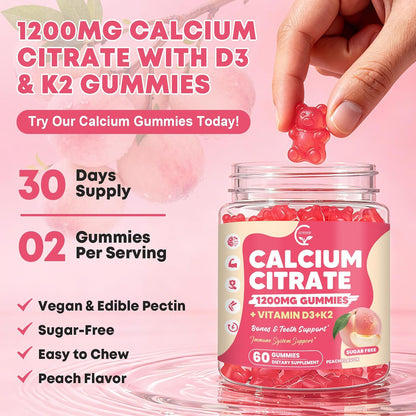 (2 Pack) Calcium Citrate Gummies 1200 mg with Vitamin D3, K2 for Bone, Muscle & Immune Support, High Absorption Chewable Calcium Supplements for Women & Men, Sugar Free, Vegan, Peach Flavor, 60 Chews